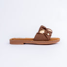 Brown ruched ballet flats styled for everyday casual wear