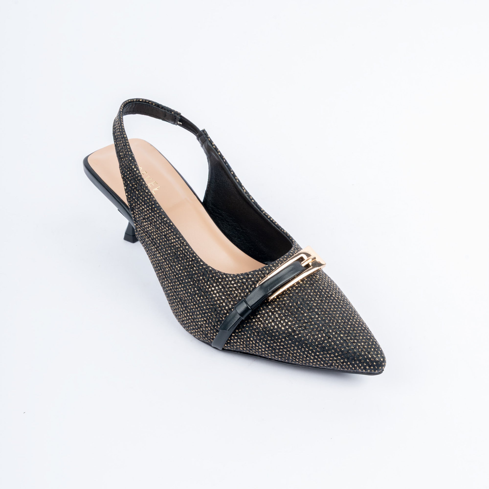 Black pumps for women with cushioned footbed, side view