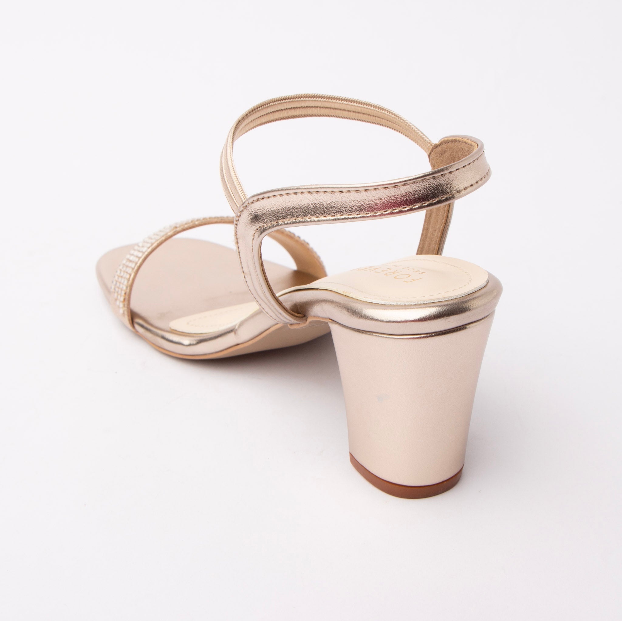 Gold embellished block heel sandals for women with cushioned footbed, side view