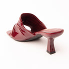 Maroon patent mules for women, back view showing the heel