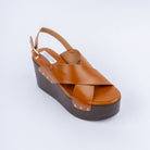 Camel wedge heel sandals for women, crossed bands on a wood-look platform wedge