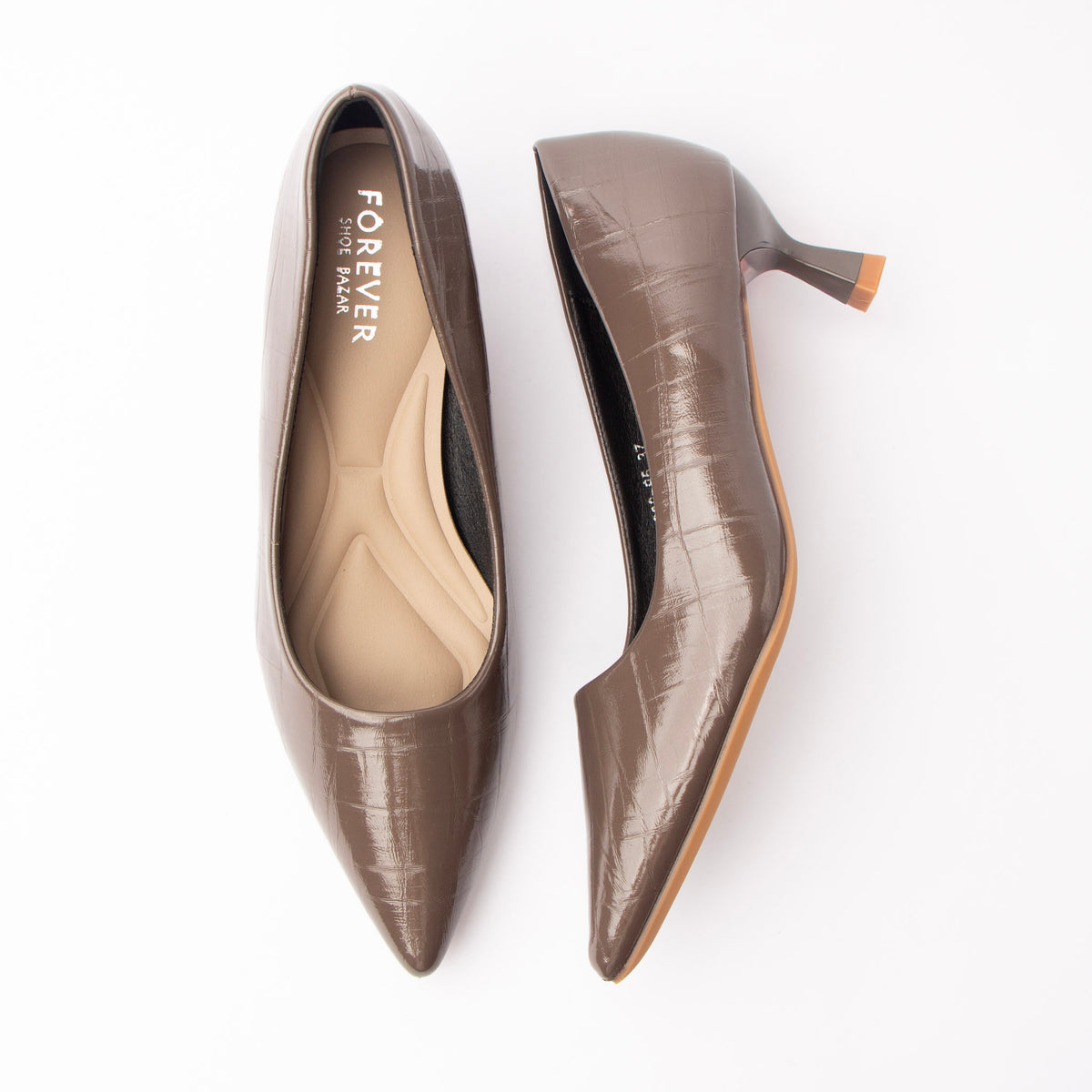 Grey pumps for women, both shoes laid flat