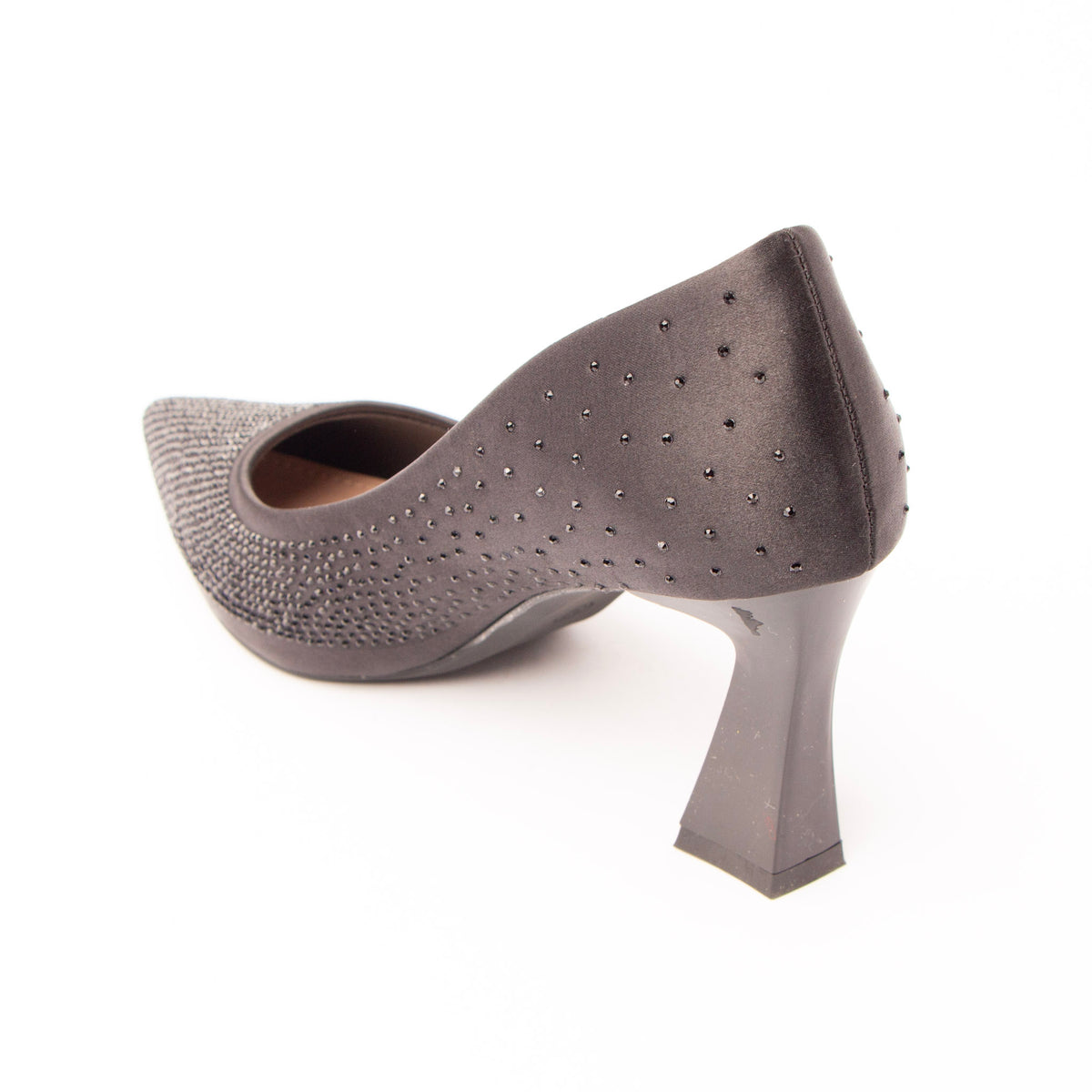 Black rhinestone block heel pumps for women with cushioned footbed, side view