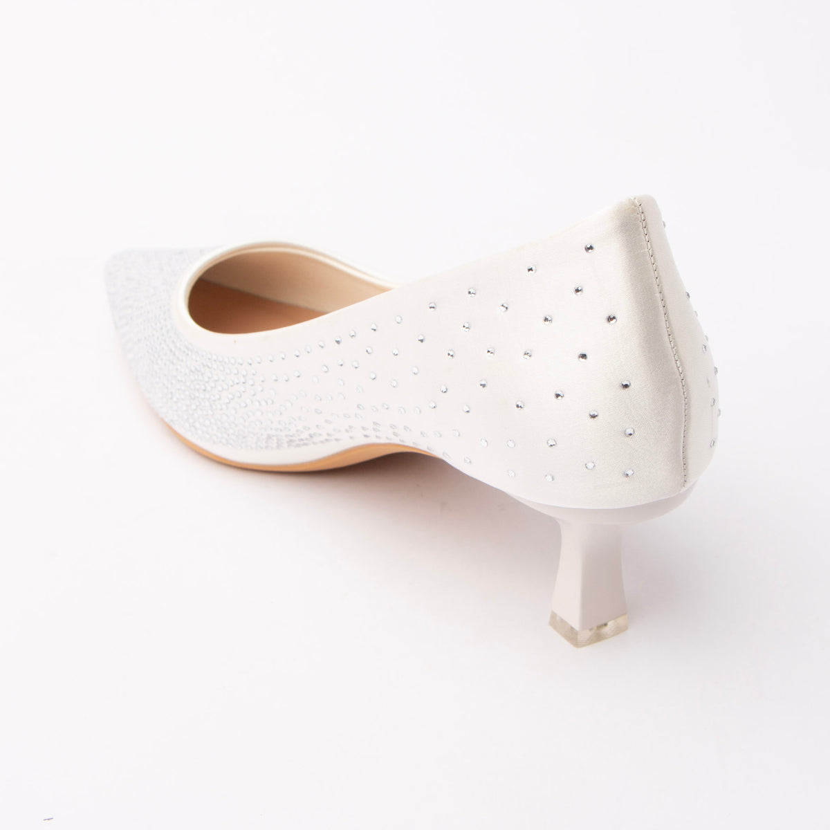 White crystal kitten heel pumps for women, back view showing the heel