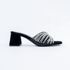 Black block heel mules for women, fanned crystal strips forming a bow across the instep