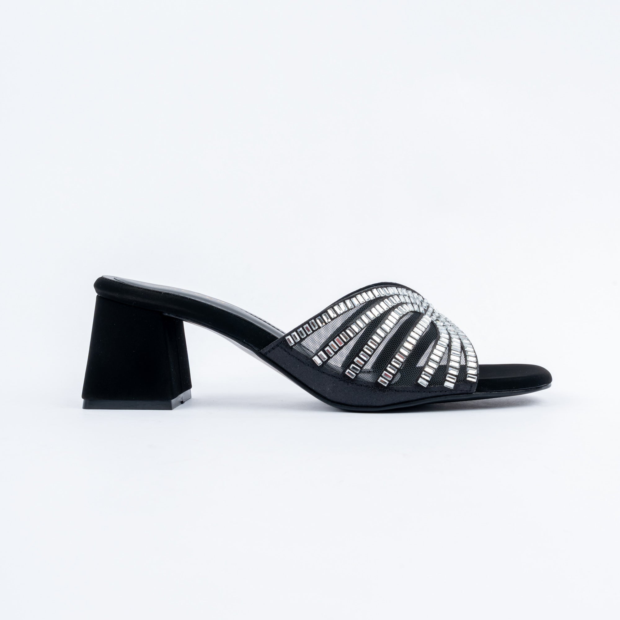 Black block heel mules for women, fanned crystal strips forming a bow across the instep
