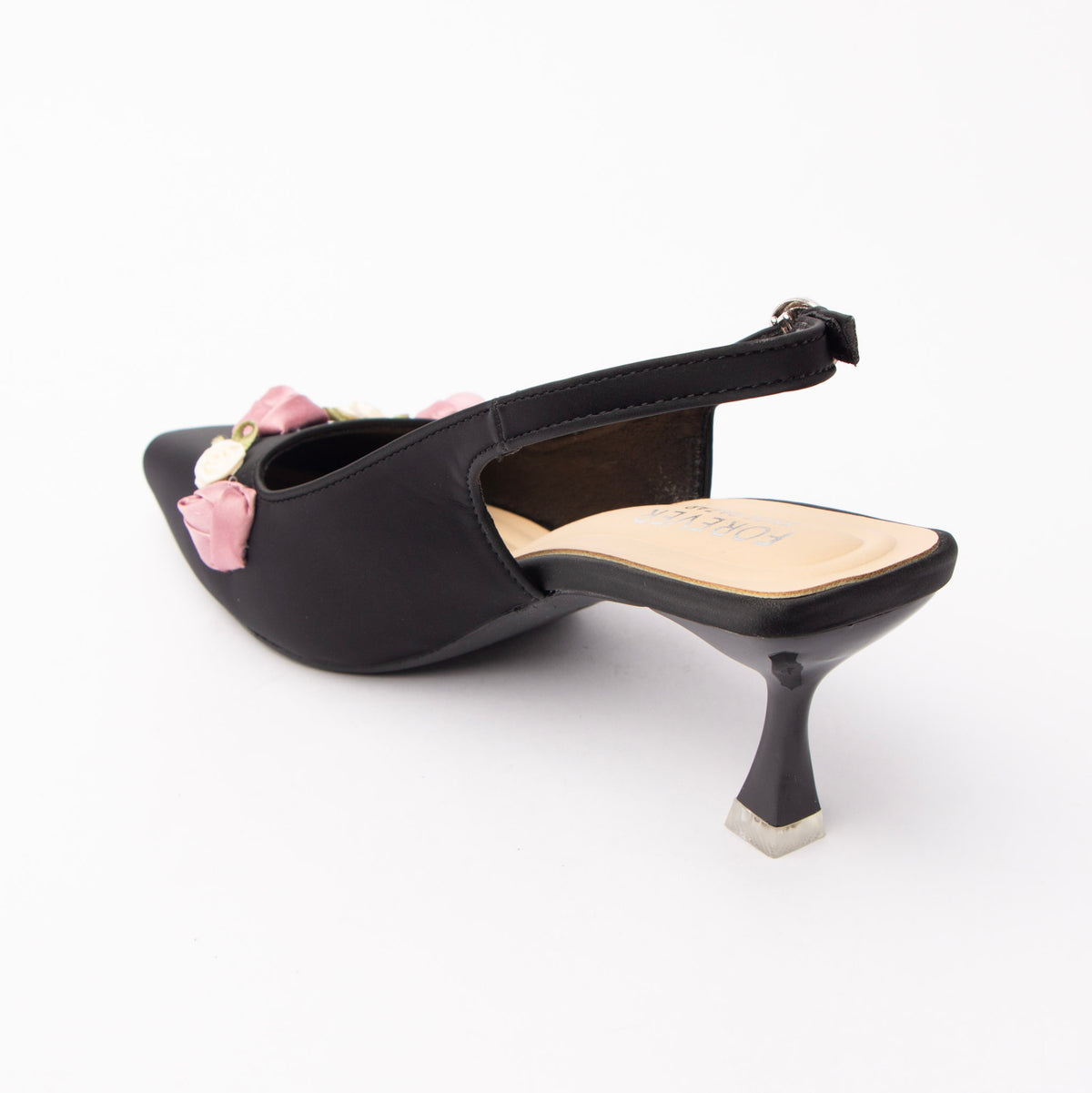 Black rosette slingback pumps for women with cushioned footbed, side view