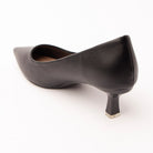 Black pointed kitten heels for women, back view showing the heel