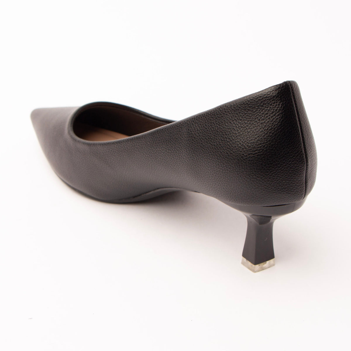 Black pointed kitten heels for women, back view showing the heel