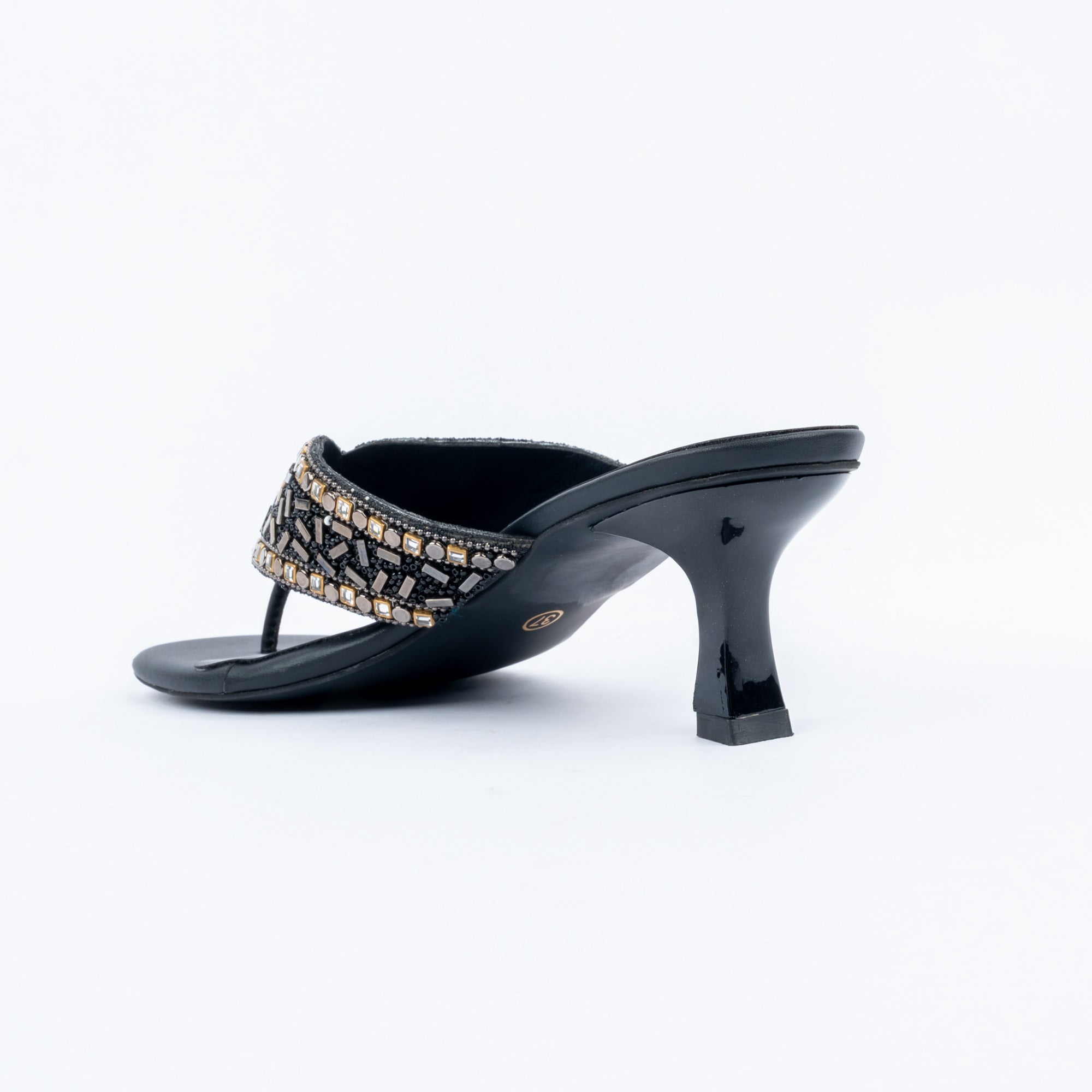 Black slim heel mules for women with cushioned footbed, side view