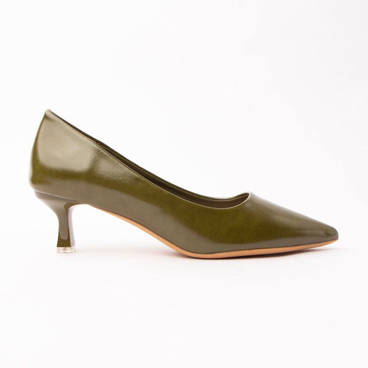 Green pointed court shoes for women, a deep olive-green pointed court with a lightly antiqued sheen darkening towards the toe and heel, on a sculpted kitten heel capped in silver-tone metal