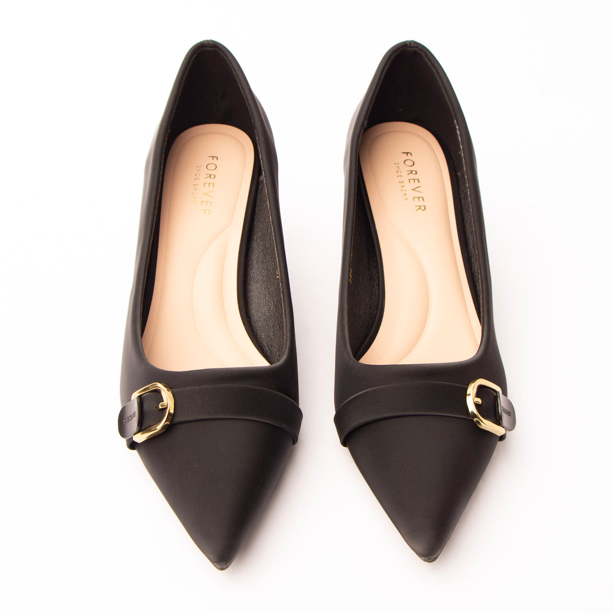 Black buckle kitten heels styled for everyday wear