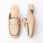 Khaki quilted loafer mules for women with a cushioned footbed