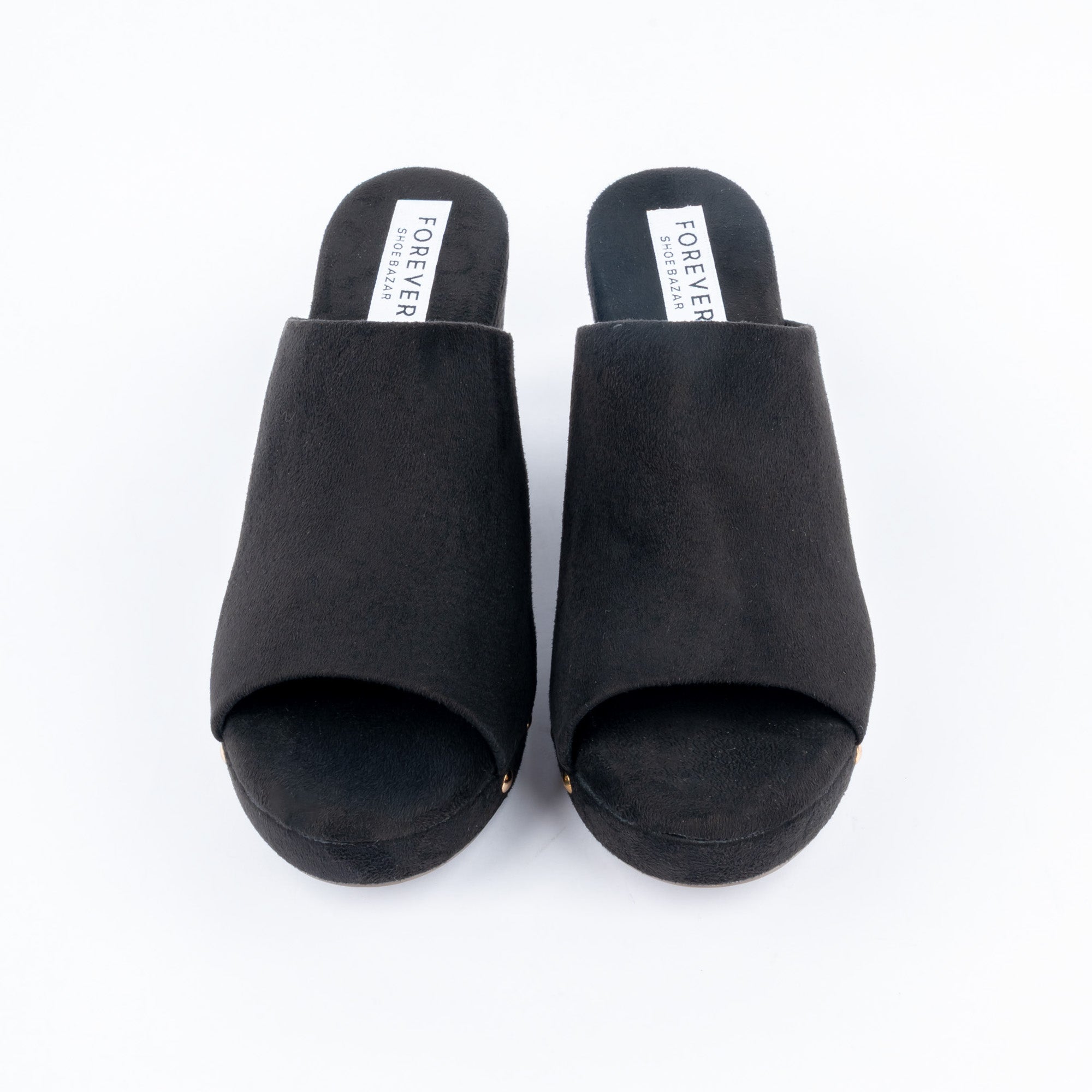 Black platform heel mules styled for casual wear