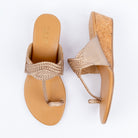 Gold wedge heel sandals for women, plaited cords crossing over a natural cork-look wedge