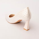 White rhinestone block heel pumps for women with cushioned footbed, side view