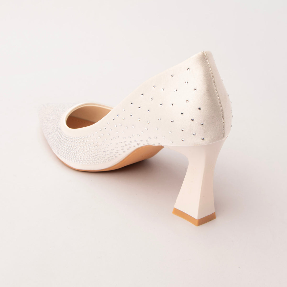 White rhinestone block heel pumps for women with cushioned footbed, side view