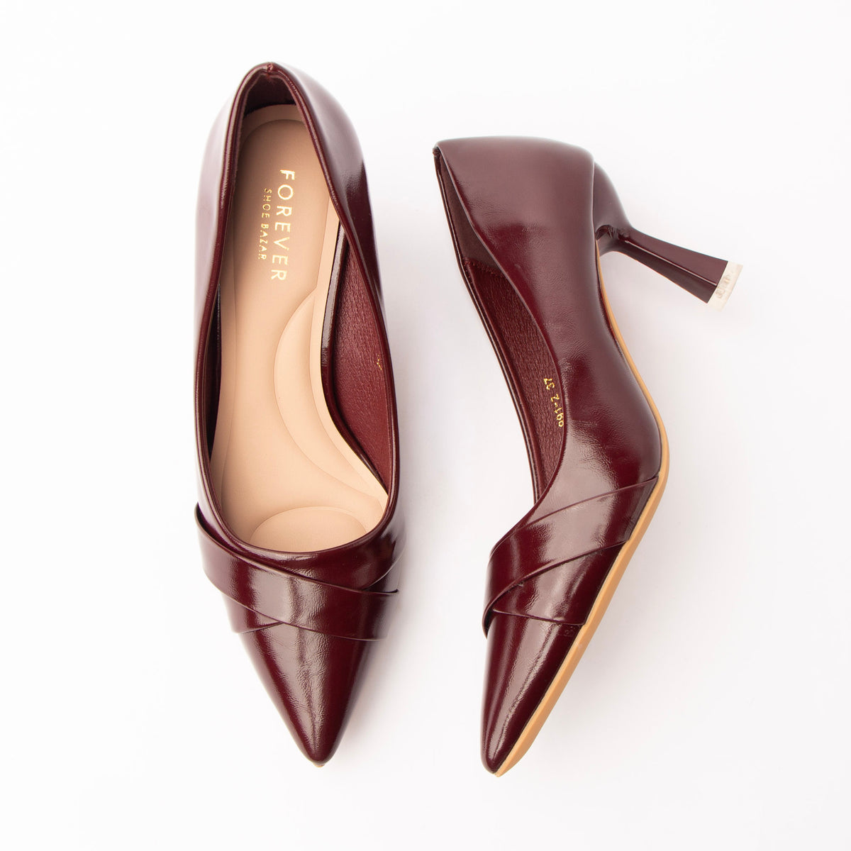 Maroon folded strap pumps for women with a cushioned footbed
