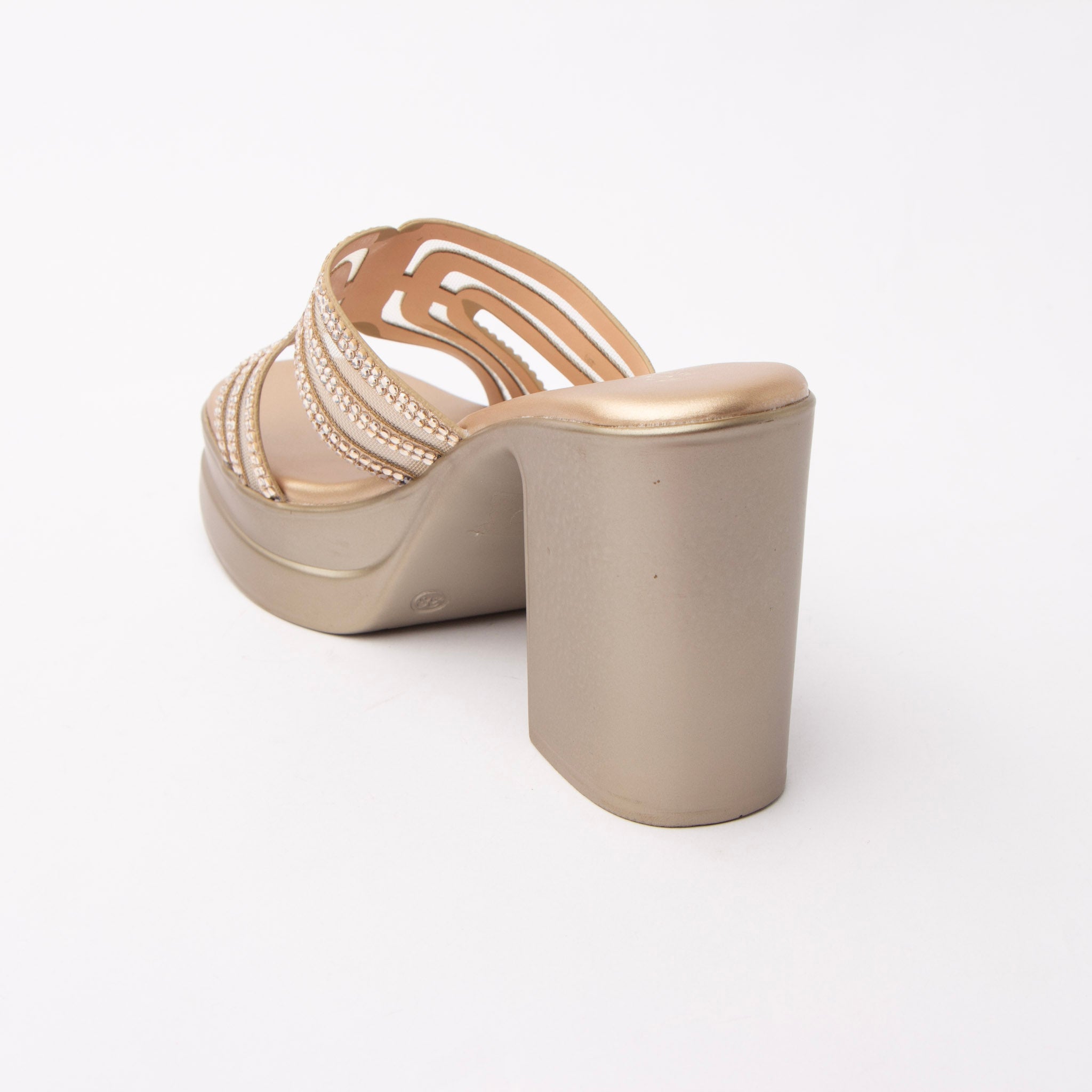 Gold beaded platform mules for women with cushioned footbed, side view