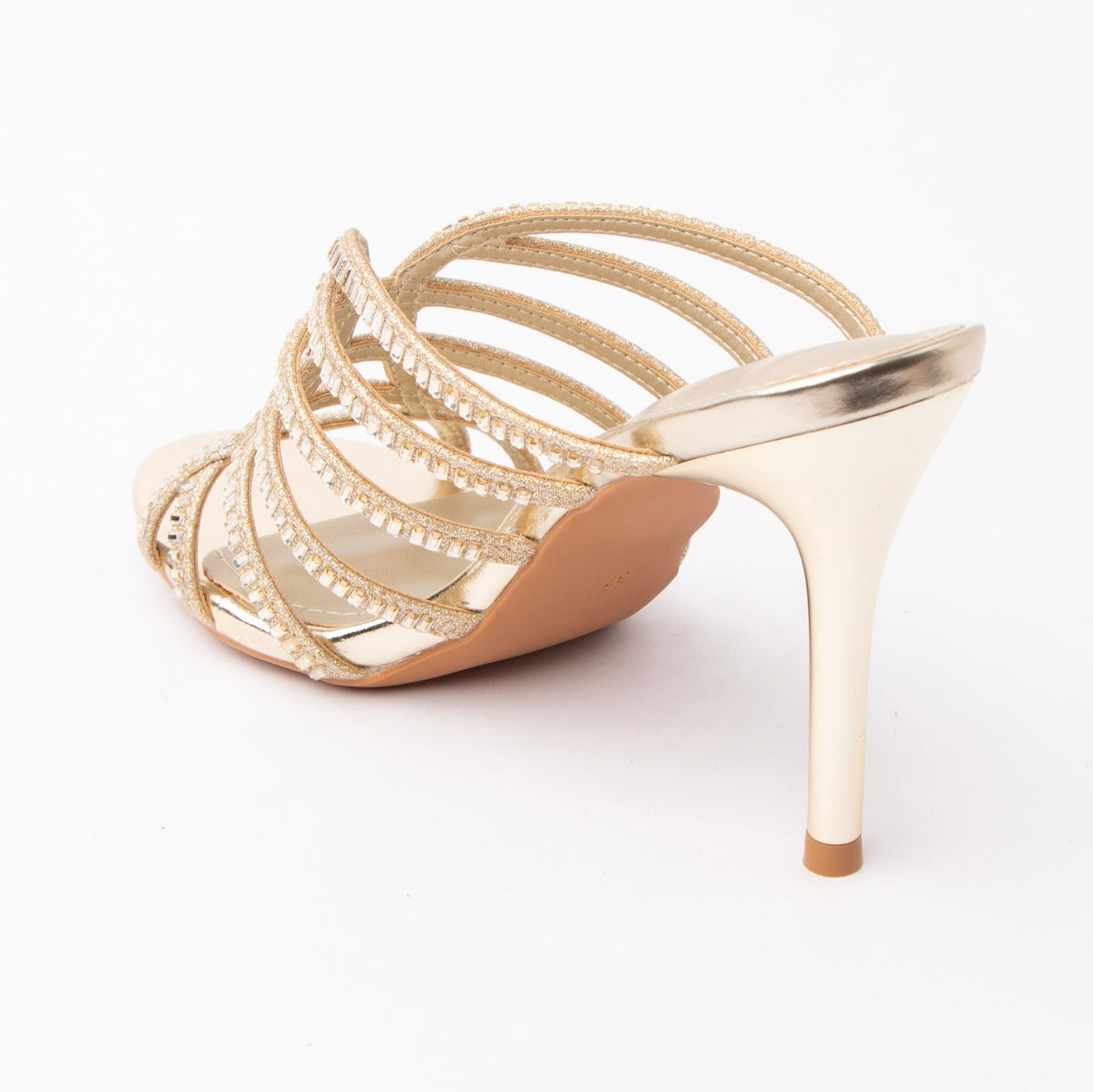 Gold mules for women, back view showing the heel