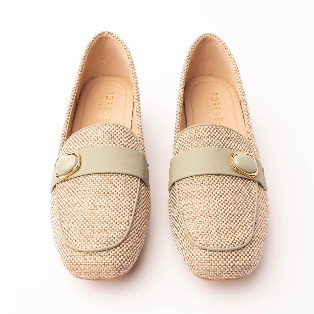 Green woven loafers styled for everyday wear