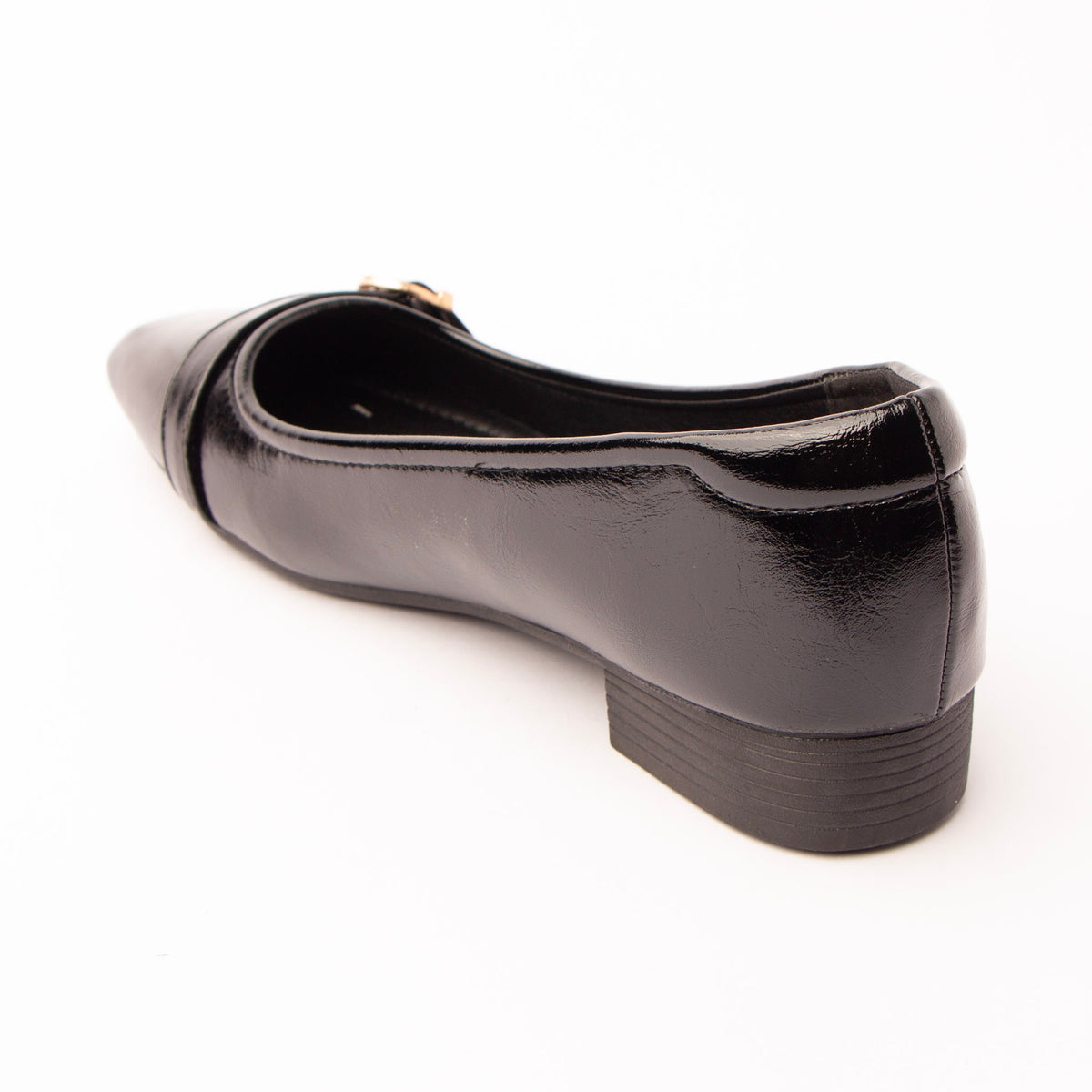 Black buckle ballerinas for women, back view showing the heel