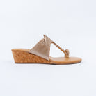 Gold wedge heel sandals for women with cushioned footbed, side view