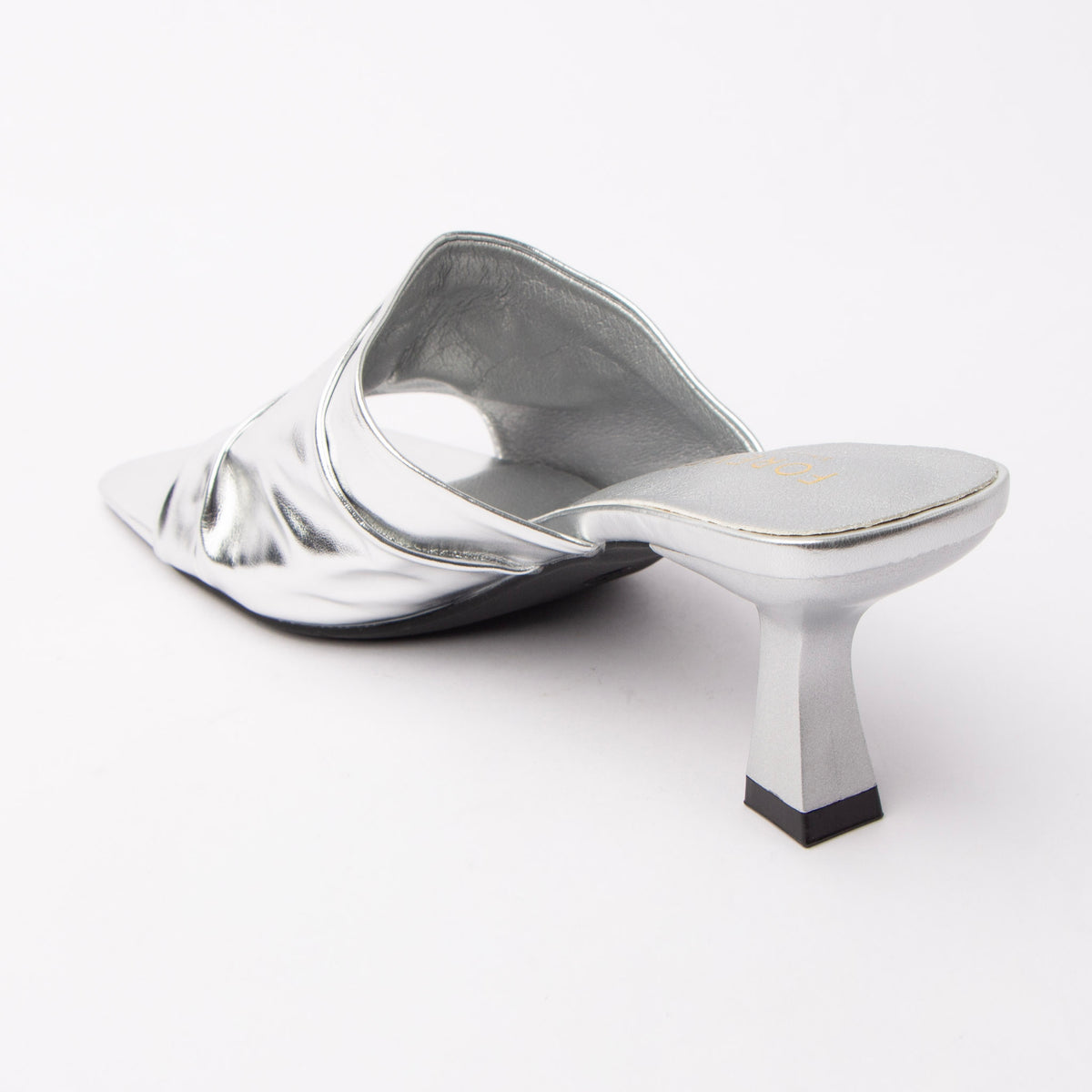Silver metallic mules for women, back view showing the heel