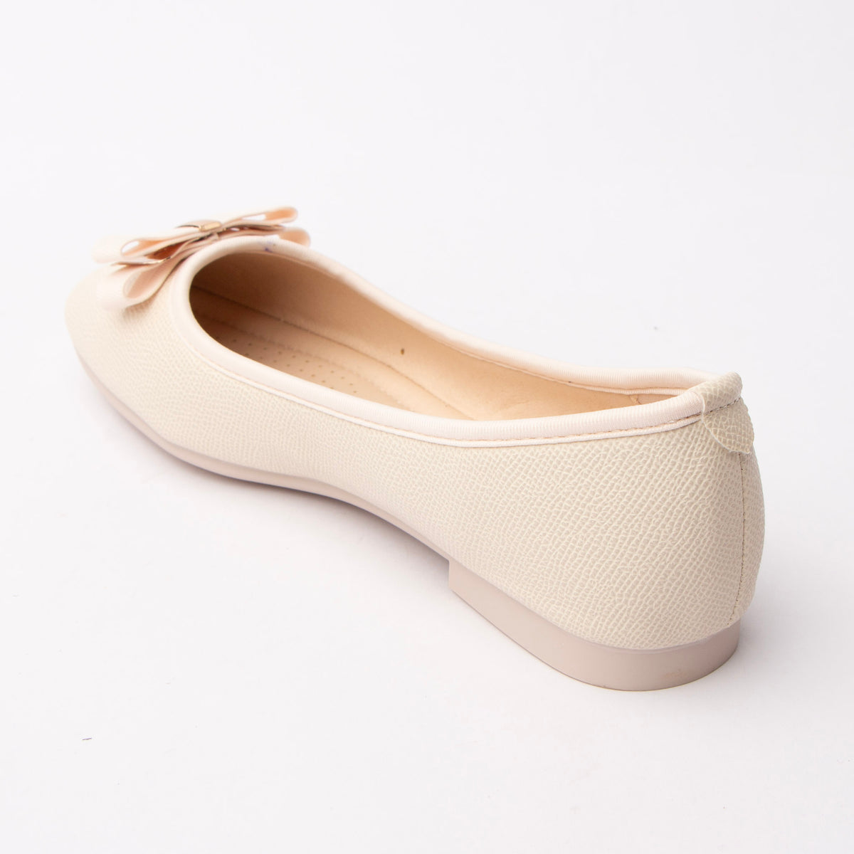 Beige bow ballerina flats for women, back view showing the heel counter