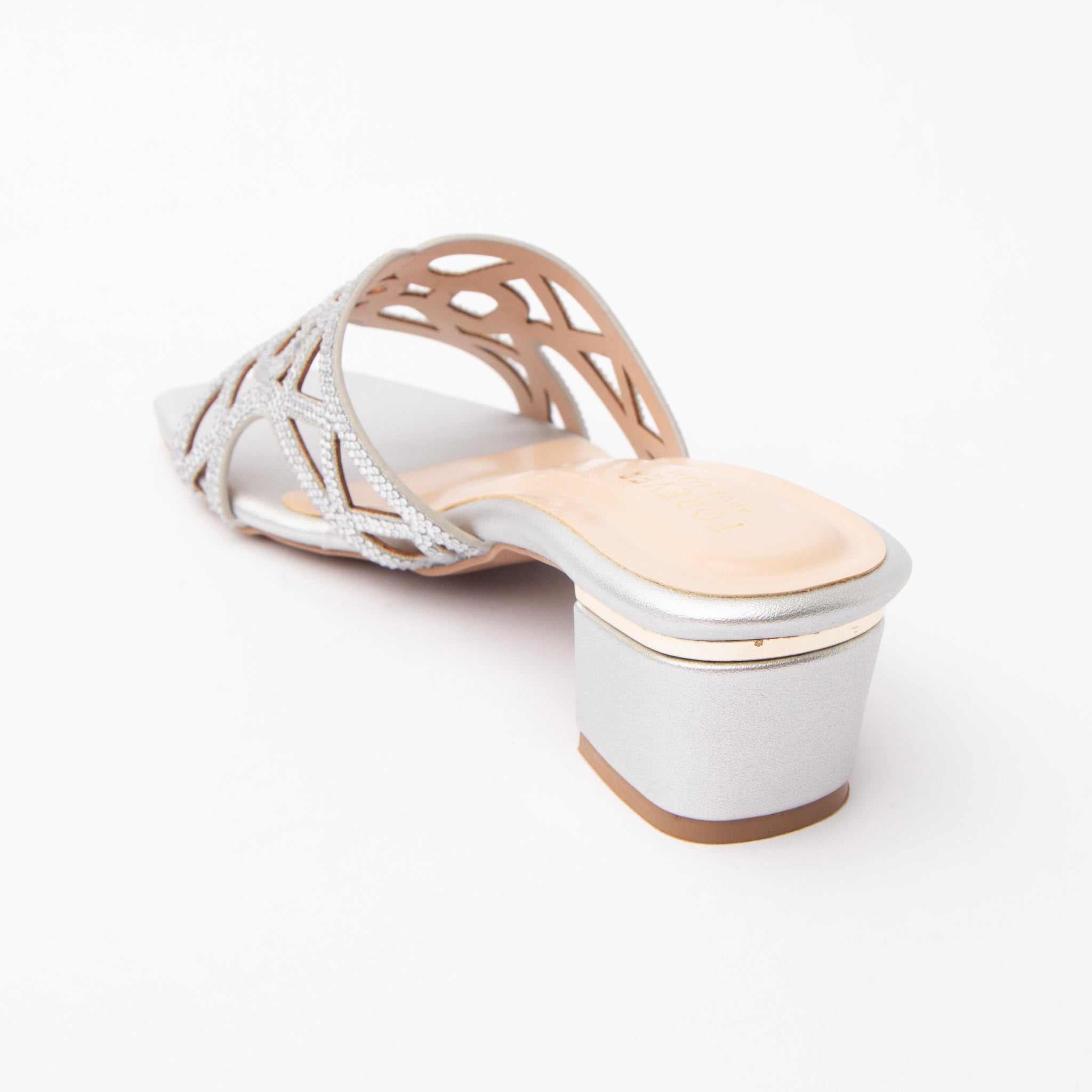 Silver cut out block heel mules for women with cushioned footbed, side view