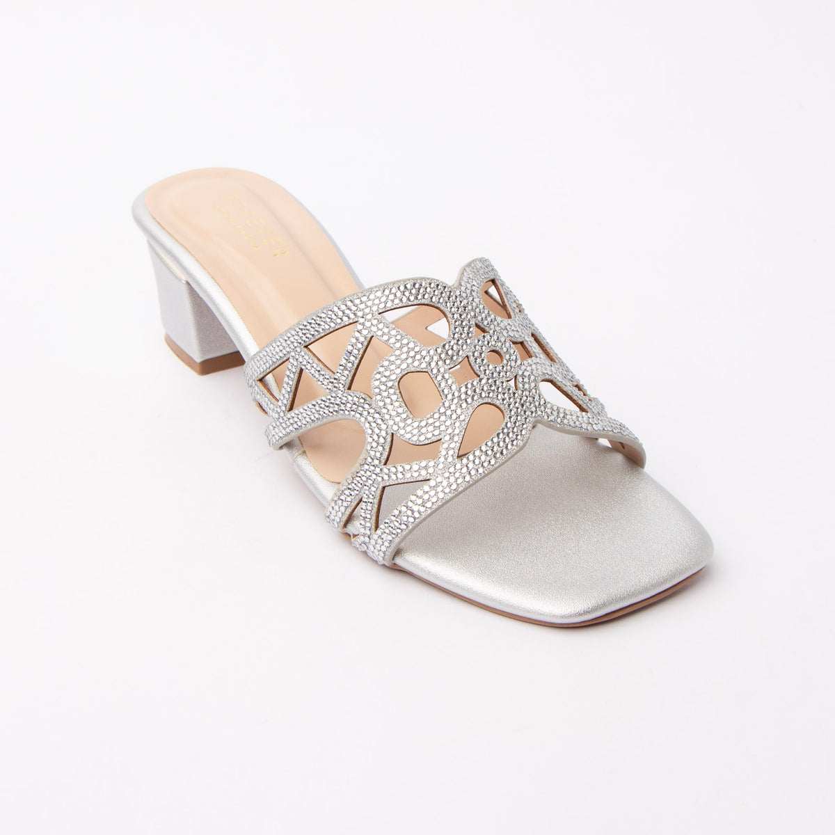 Silver cut out block heel mules styled for party wear