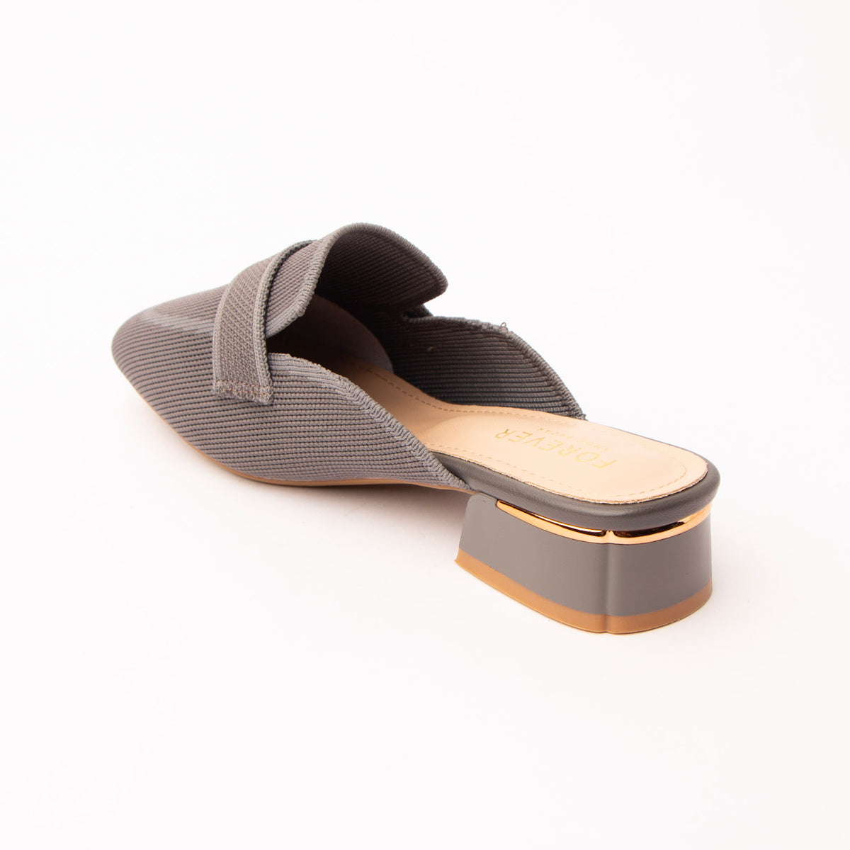 Grey knit loafer mules for women with cushioned footbed, side view