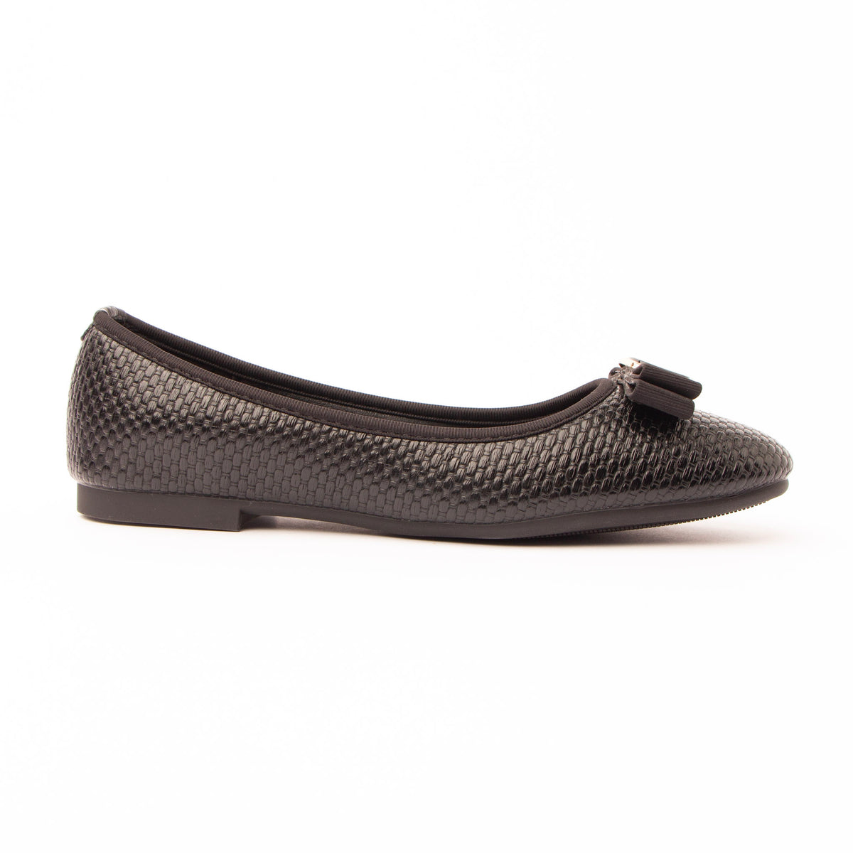 Black woven ballerina flats for women, a black ballerina flat embossed with a fine basketweave giving the vamp a woven, faintly glossy surface, with a black grosgrain bow centred by a gold buckle filled with black enamel