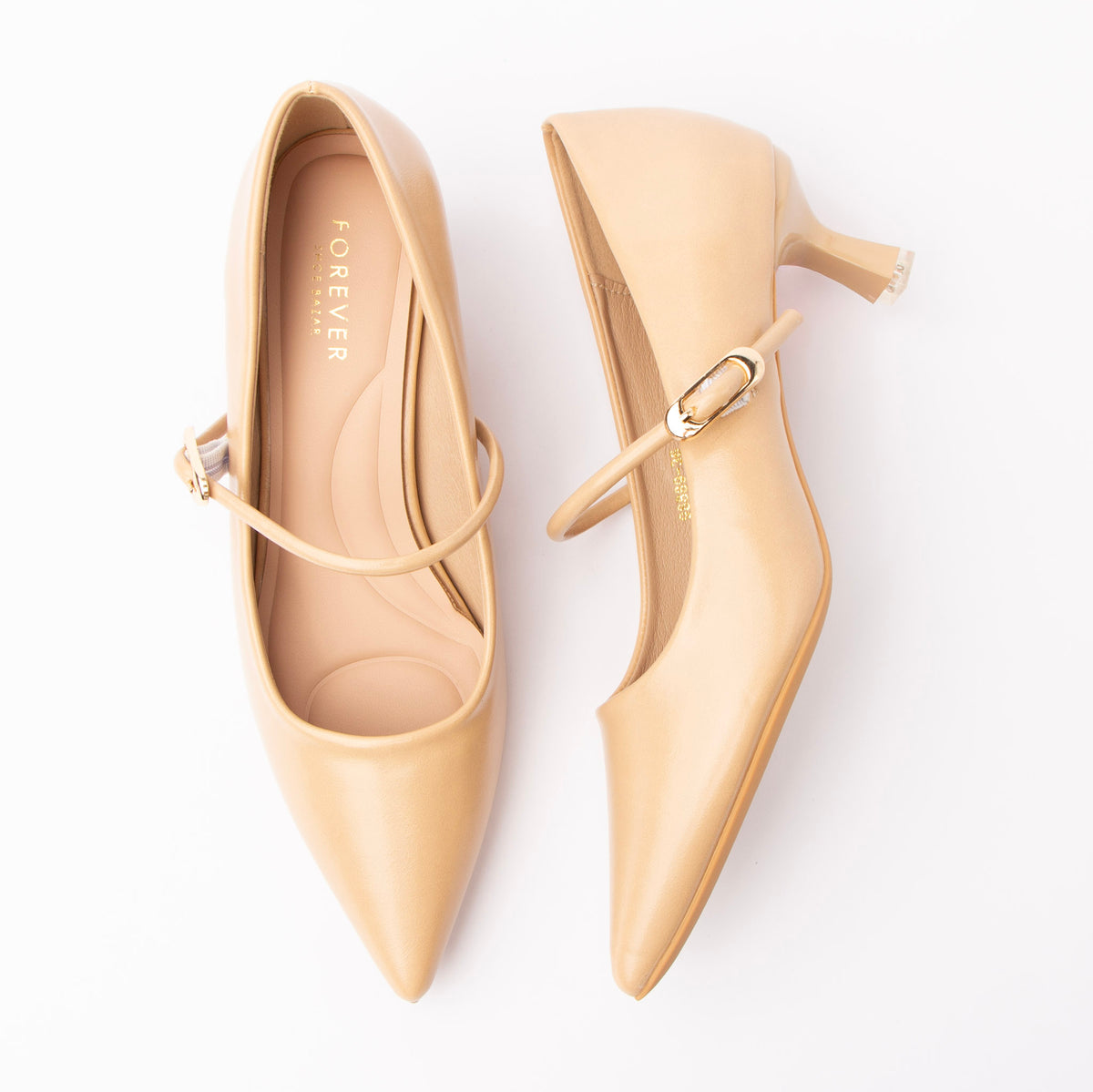 Beige mary jane kitten heels for women with a cushioned footbed