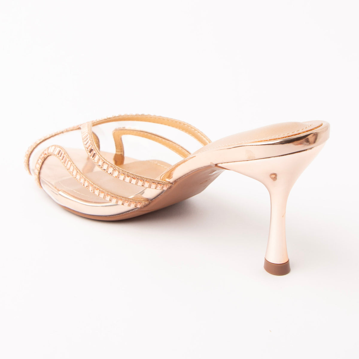 Champagne mules for women, back view showing the heel
