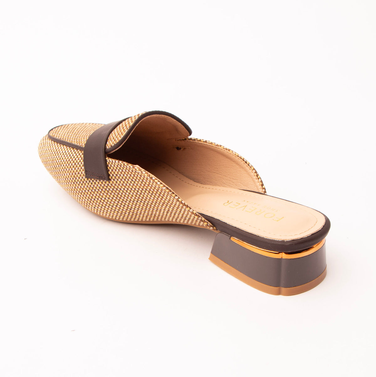 Brown woven loafer mules for women, back view showing the heel