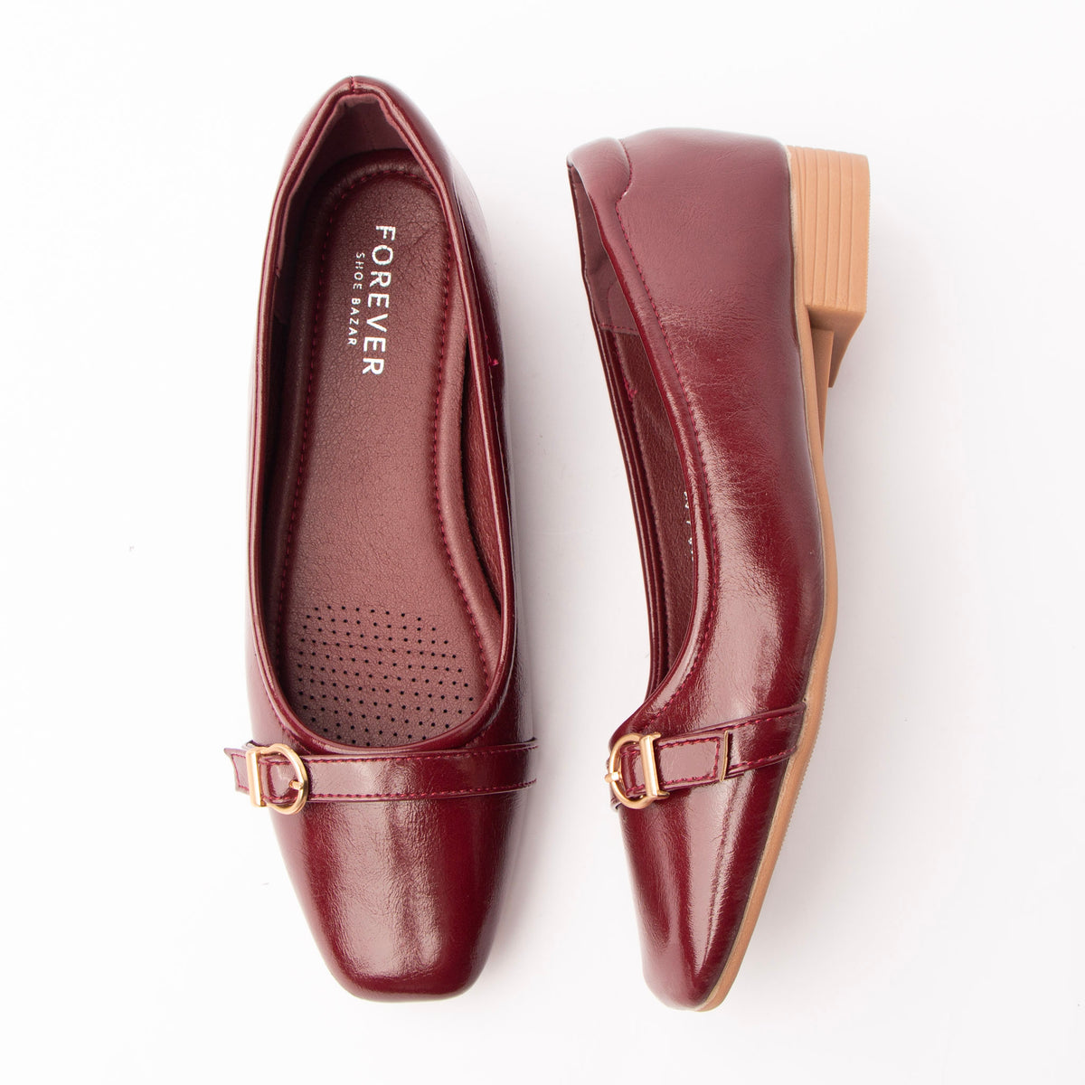 Maroon buckle ballerinas for women with a cushioned footbed