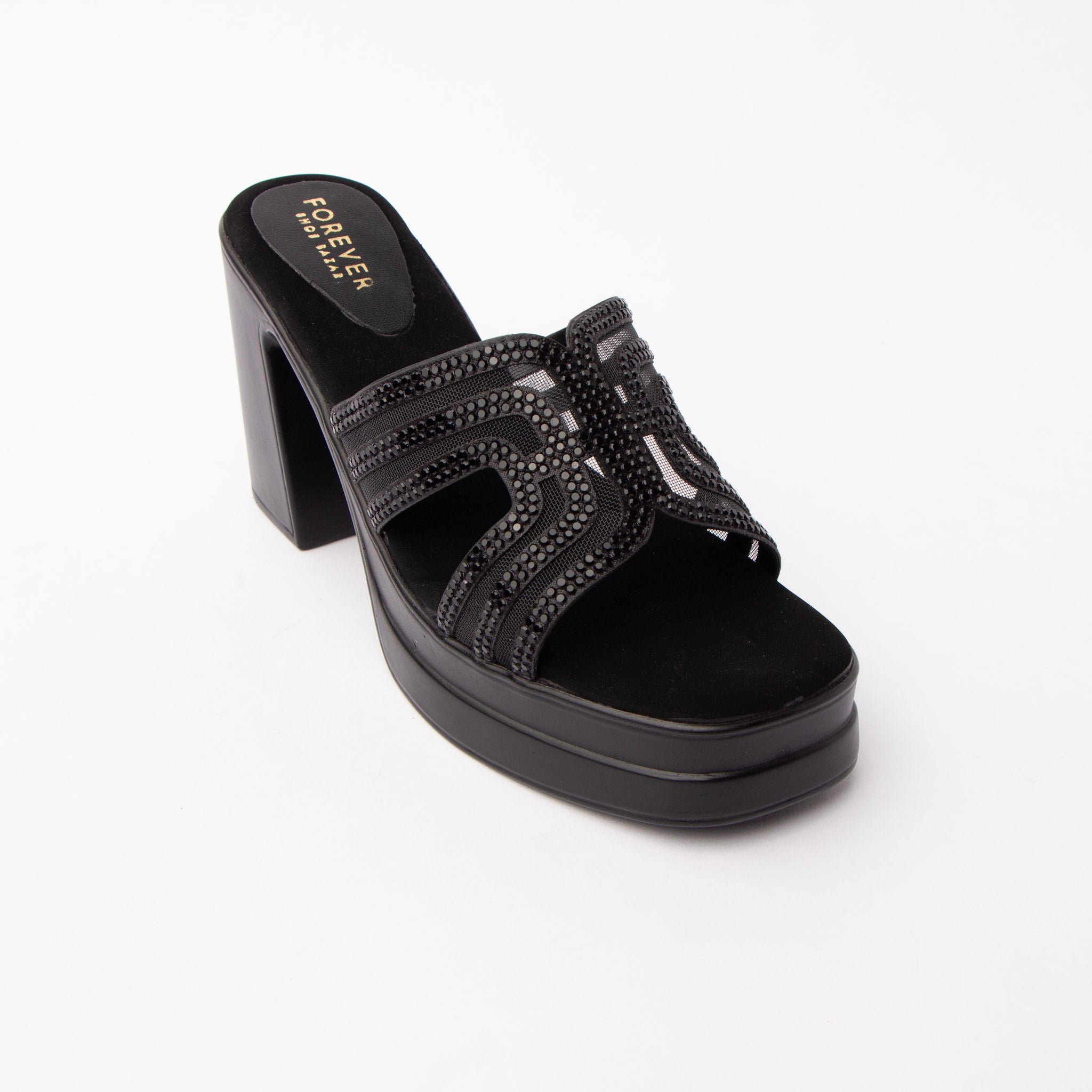Black beaded platform mules styled for party wear