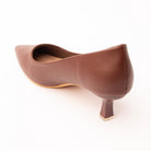 Brown pointed kitten heels for women, back view showing the heel