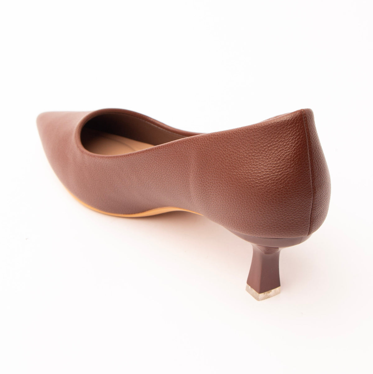 Brown pointed kitten heels for women, back view showing the heel