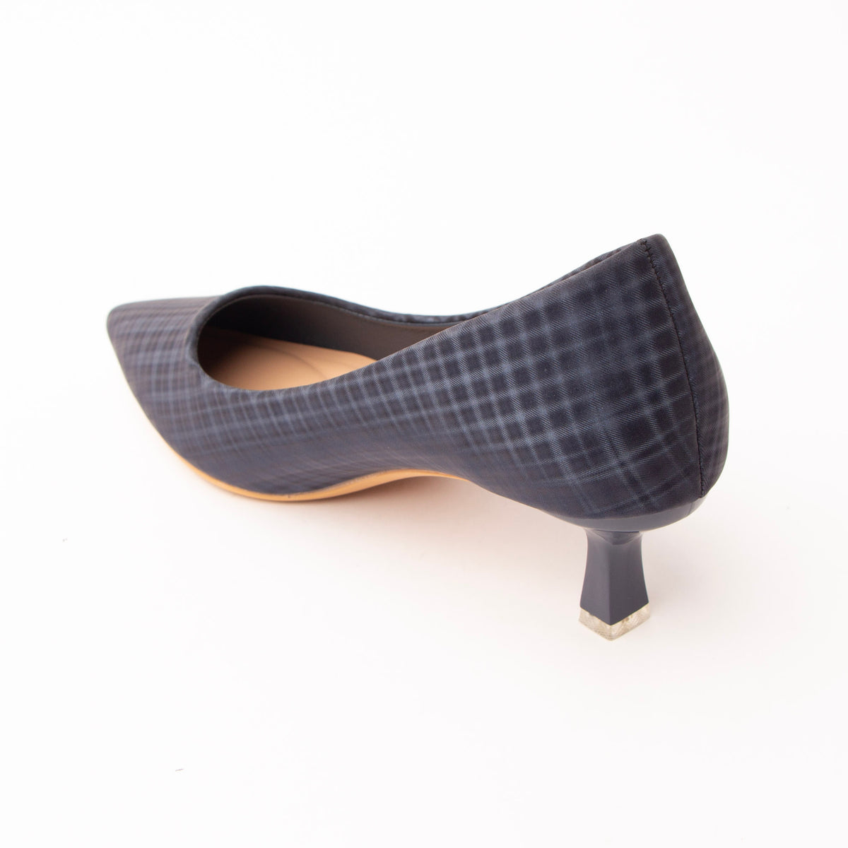Blue check print kitten heels for women with cushioned footbed, side view