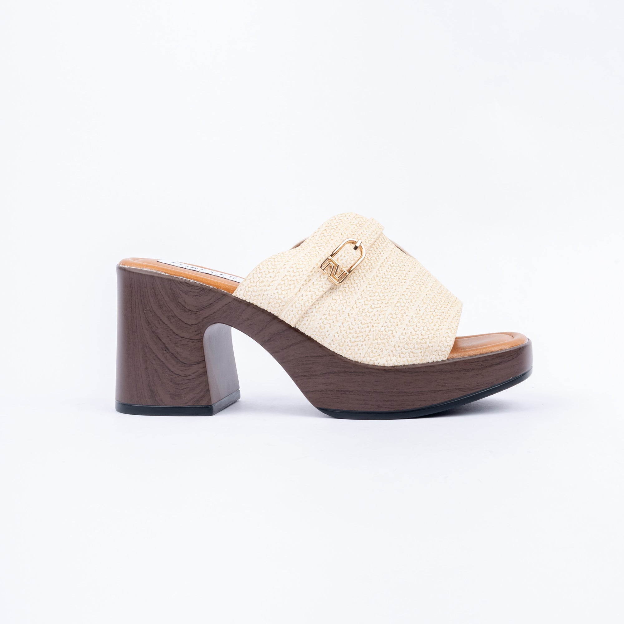 Beige platform heel mules for women with cushioned footbed, side view