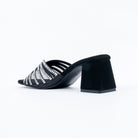 Black block heel mules for women with cushioned footbed, side view
