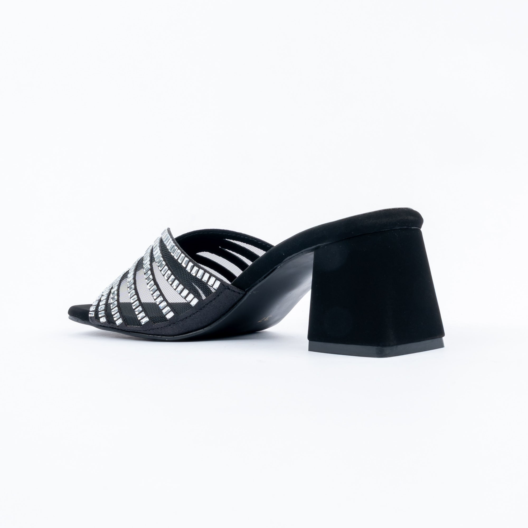 Black block heel mules for women with cushioned footbed, side view