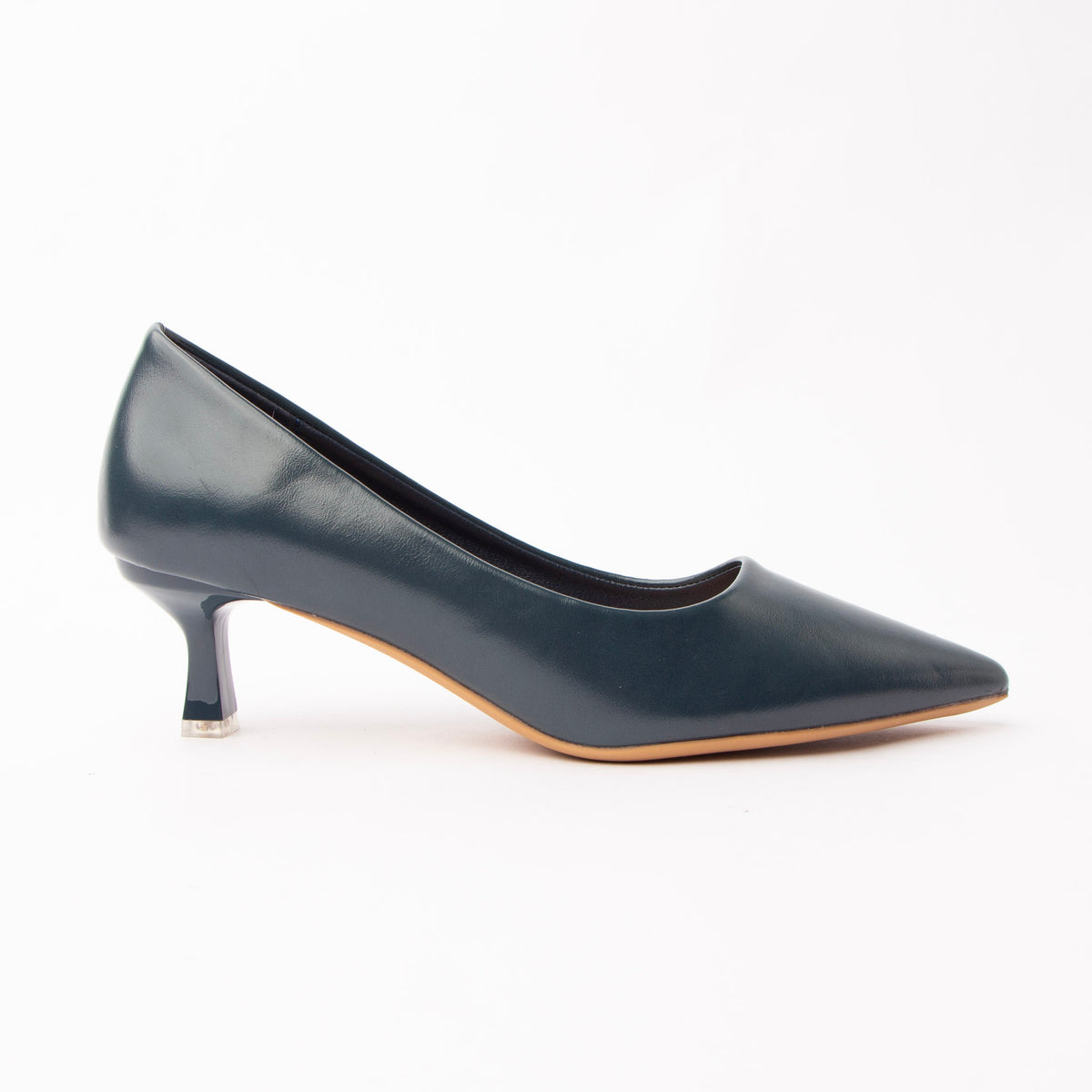 Blue pointed court shoes for women, a deep petrol-blue pointed court in a matte finish, teal-leaning rather than royal, on a sculpted kitten heel capped in silver-tone metal over a contrasting natural tan sole edge