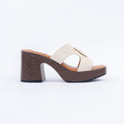 Beige platform heel mules for women with cushioned footbed, side view