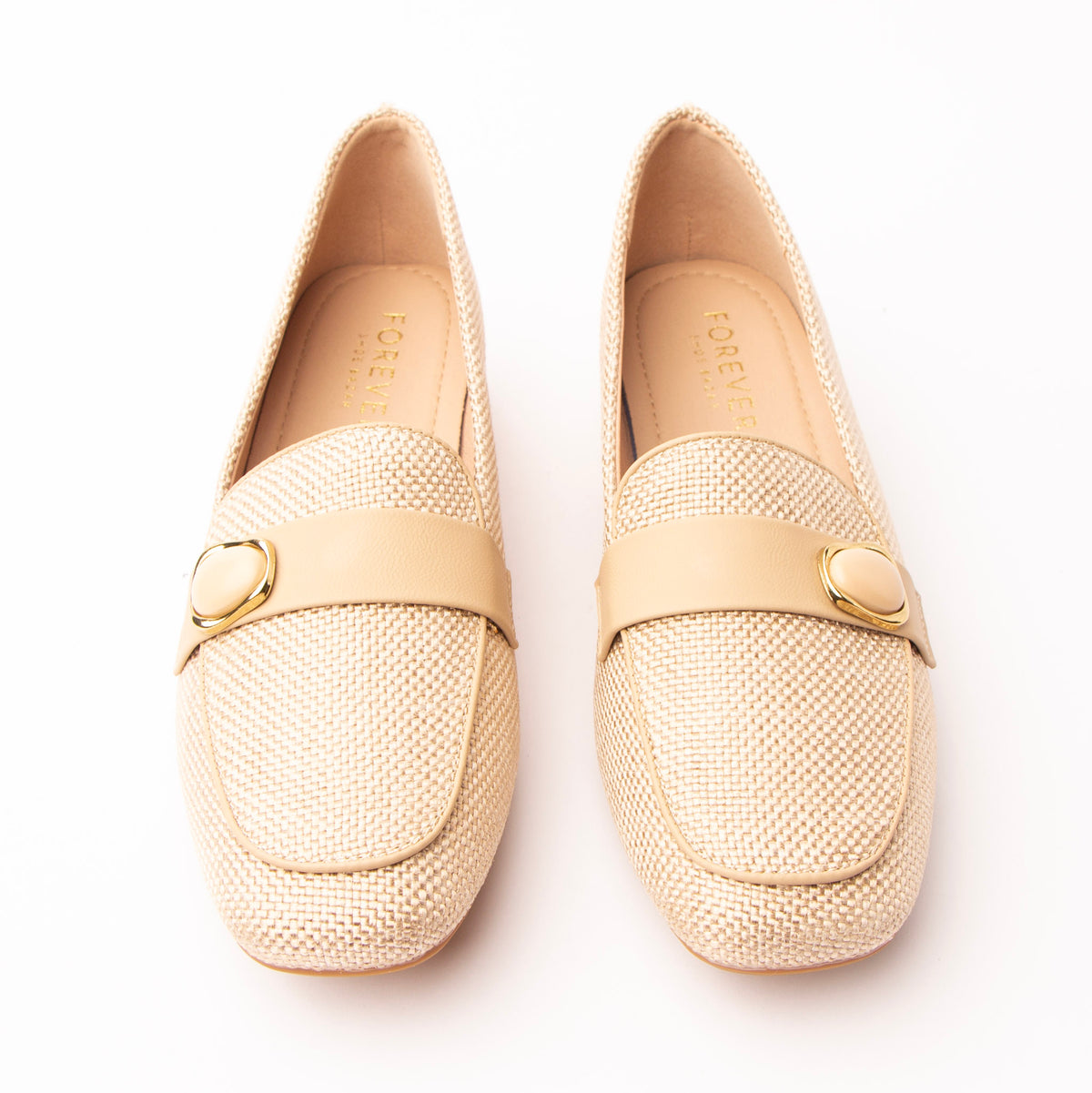 Beige woven loafers styled for everyday wear