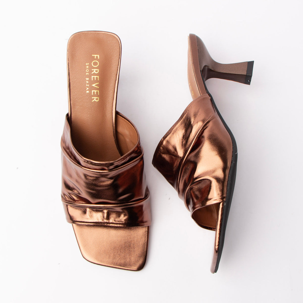 Bronze metallic mules for women with a cushioned footbed