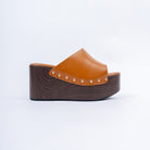 Camel wedge heel mules for women with cushioned footbed, side view