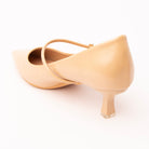 Beige mary jane kitten heels for women, back view showing the heel